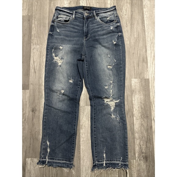 Judy Blue Denim - Judy Blue Jean Womens 9/29 Blue Straight Fit Raw Hem Stretch Denim DIstressed